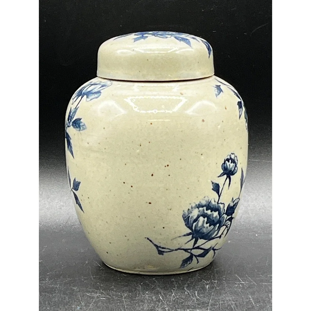 Vtg Pier 1 Imports Blue Gray Floral Ginger Jar Speckled Lidded Vase Chinoiserie
